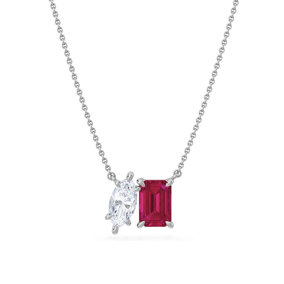Toi Et Moi 1.50ct Marquise Lab Diamond and 2.50ct Emerald Cut Lab Ruby Necklace in 18K White Gold