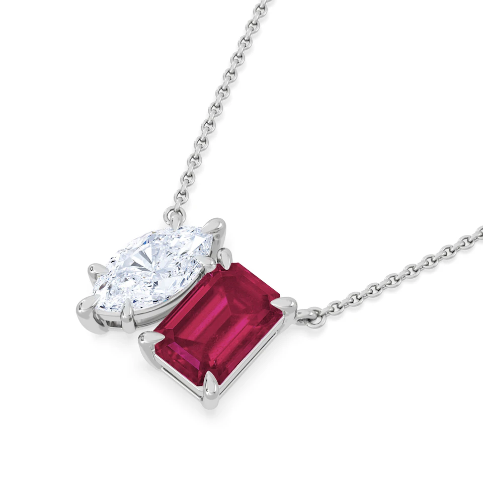 Toi Et Moi 1.50ct Marquise Lab Diamond and 2.50ct Emerald Cut Lab Ruby Necklace in 18K White Gold