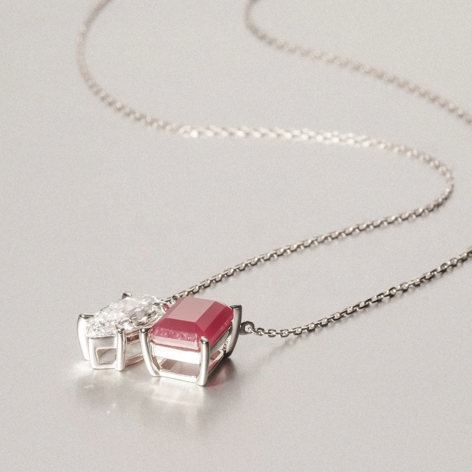 Toi Et Moi 1.50ct Marquise Lab Diamond and 2.50ct Emerald Cut Lab Ruby Necklace in 18K White Gold