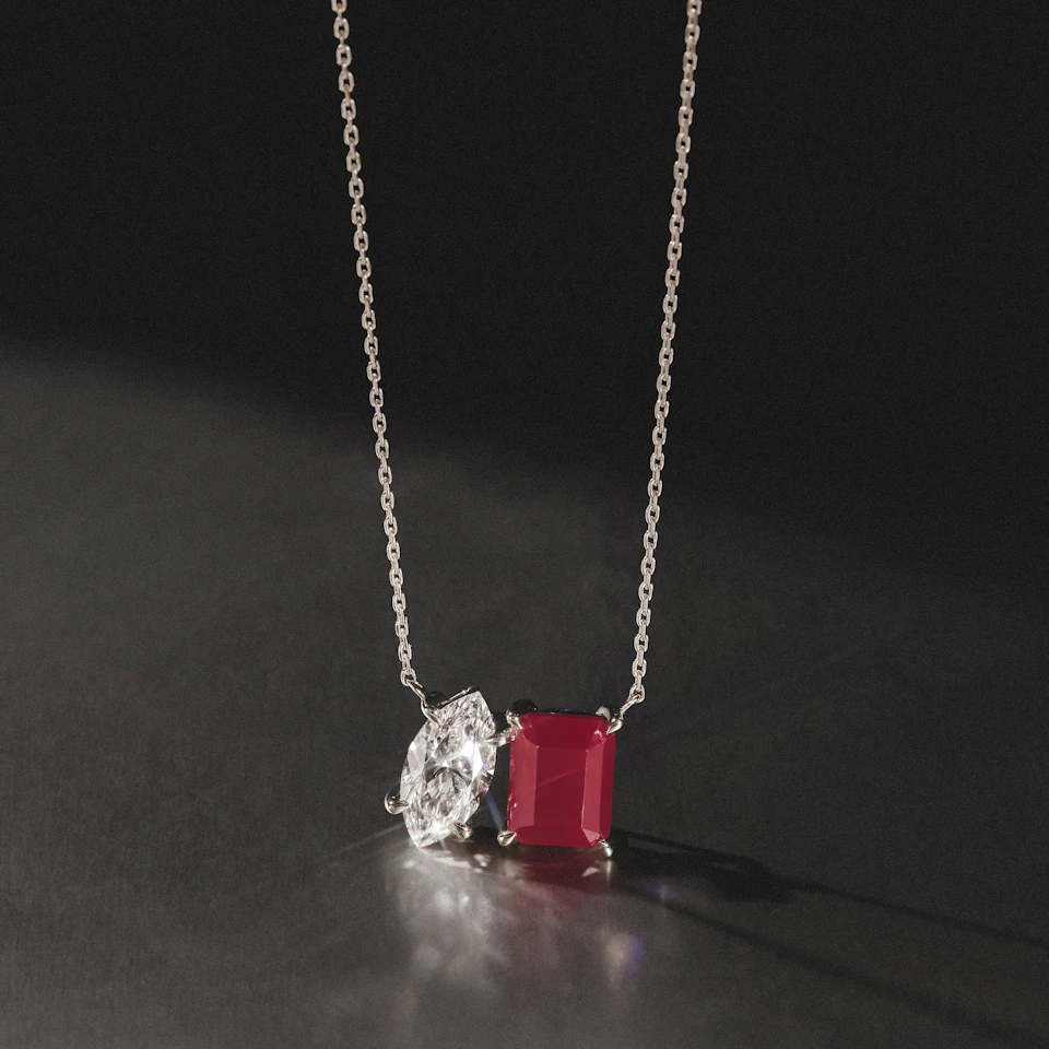 Toi Et Moi 1.50ct Marquise Lab Diamond and 2.50ct Emerald Cut Lab Ruby Necklace in 18K White Gold