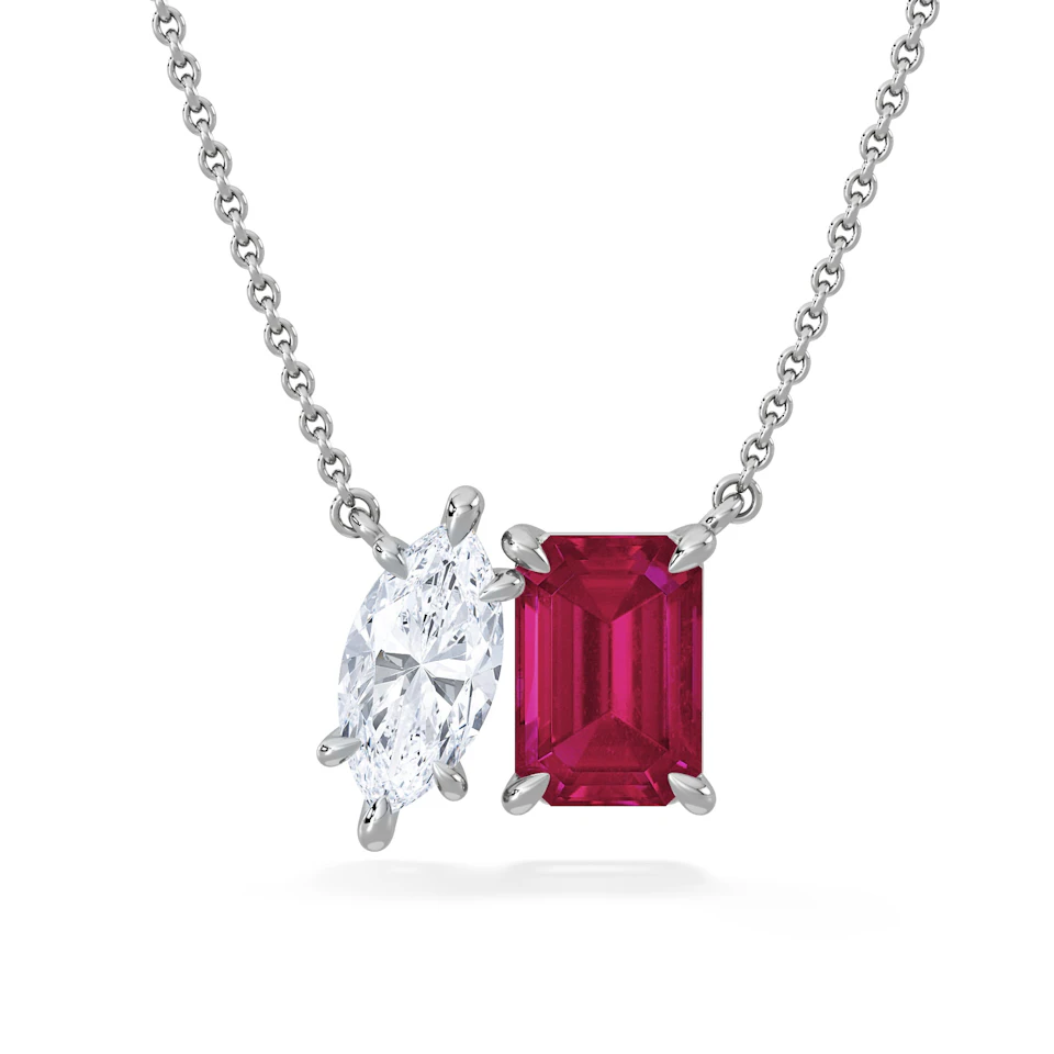 Toi Et Moi 1.50ct Marquise Lab Diamond and 2.50ct Emerald Cut Lab Ruby Necklace in 18K White Gold