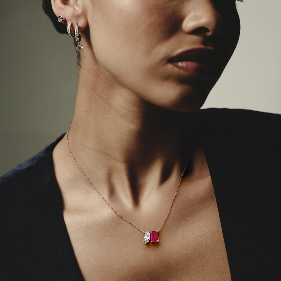 Toi Et Moi 1.50ct Marquise Lab Diamond and 2.50ct Emerald Cut Lab Ruby Necklace in 18K White Gold