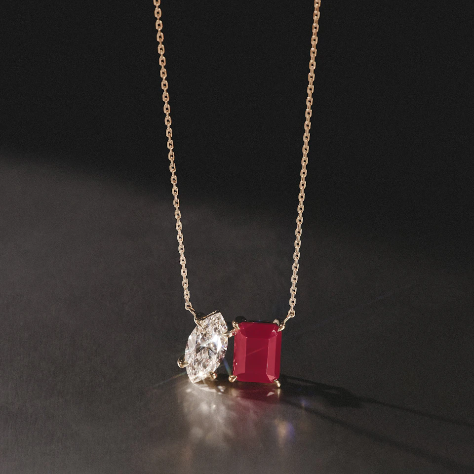 Toi Et Moi 1.50ct Marquise Lab Diamond and 2.50ct Emerald Cut Lab Ruby Necklace in 18K Yellow Gold