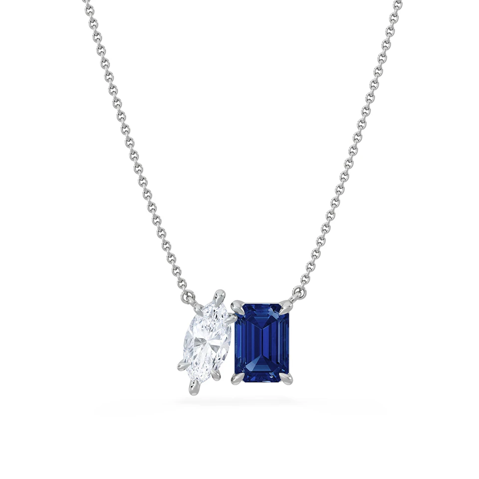 Toi Et Moi 1.50ct Marquise Lab Diamond and 2.50ct Emerald Cut Lab Sapphire Necklace in 18K White Gold