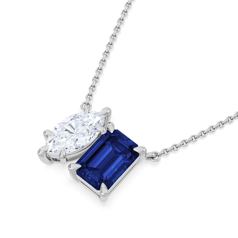Toi Et Moi 1.50ct Marquise Lab Diamond and 2.50ct Emerald Cut Lab Sapphire Necklace in 18K White Gold