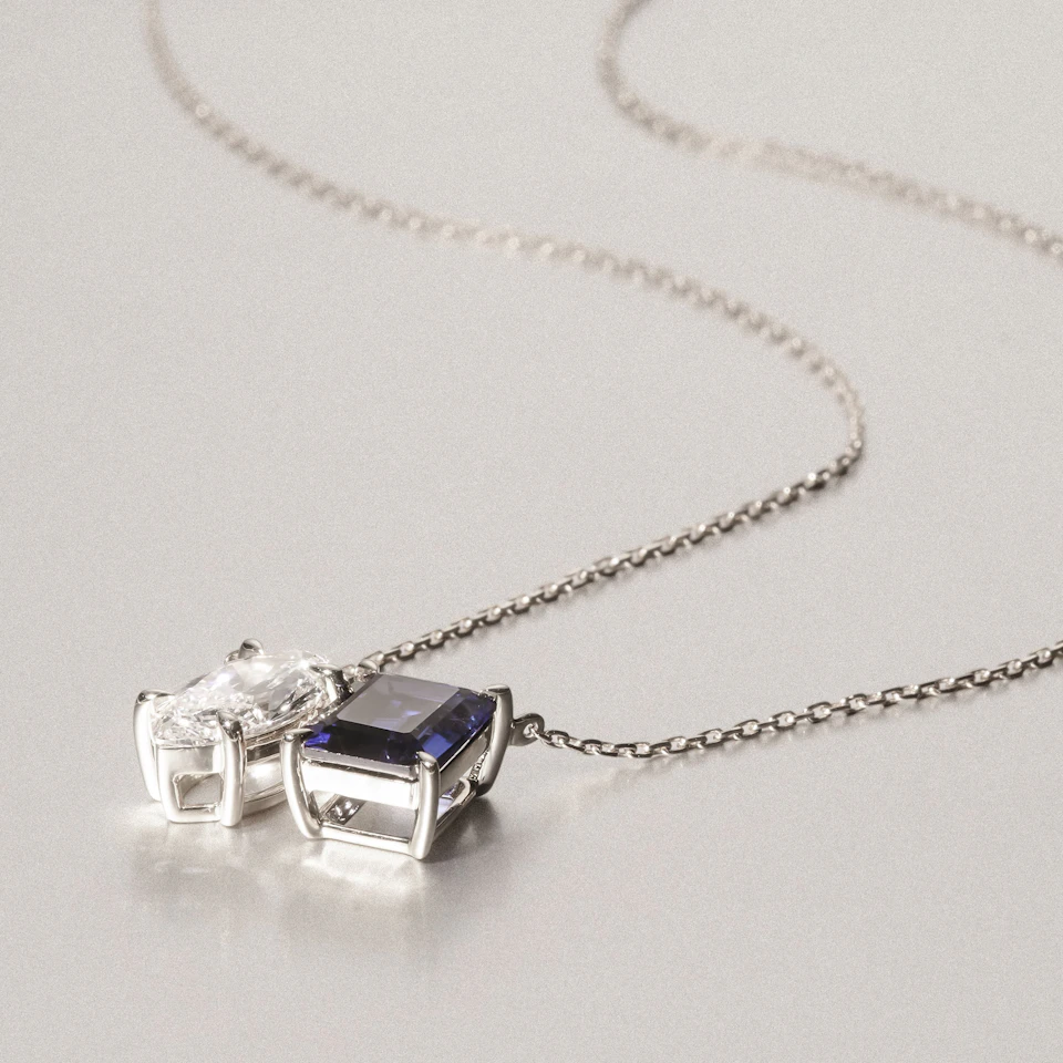 Toi Et Moi 1.50ct Marquise Lab Diamond and 2.50ct Emerald Cut Lab Sapphire Necklace in 18K White Gold