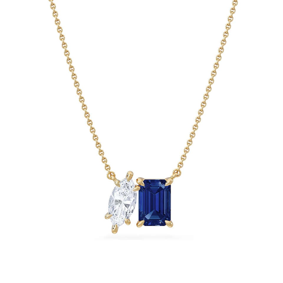 Toi Et Moi 1.50ct Marquise Lab Diamond and 2.50ct Emerald Cut Lab Sapphire Necklace in 18K Yellow Gold