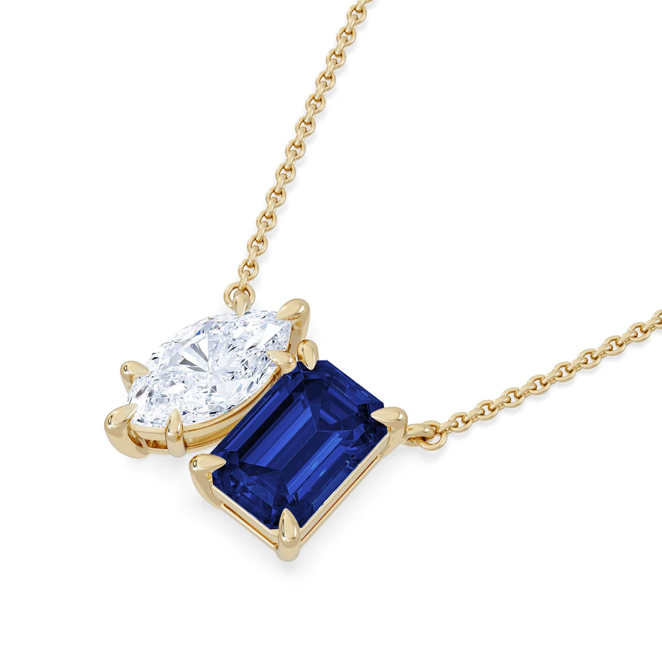 Toi Et Moi 1.50ct Marquise Lab Diamond and 2.50ct Emerald Cut Lab Sapphire Necklace in 18K Yellow Gold