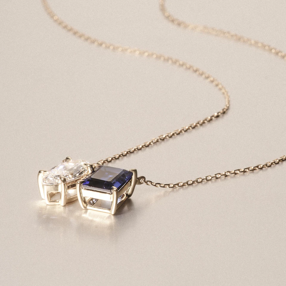 Toi Et Moi 1.50ct Marquise Lab Diamond and 2.50ct Emerald Cut Lab Sapphire Necklace in 18K Yellow Gold
