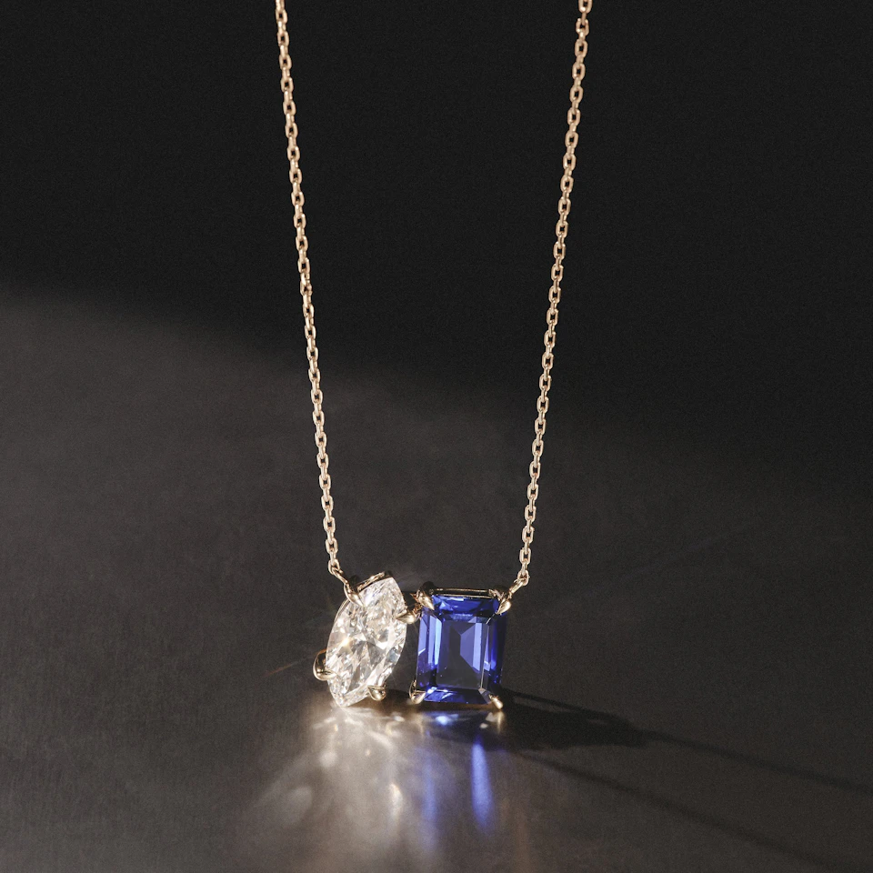 Toi Et Moi 1.50ct Marquise Lab Diamond and 2.50ct Emerald Cut Lab Sapphire Necklace in 18K Yellow Gold