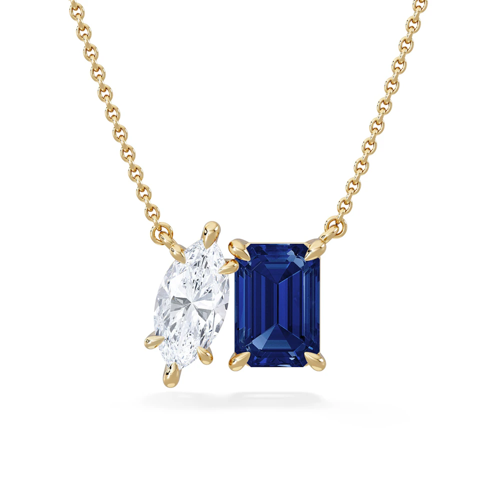 Toi Et Moi 1.50ct Marquise Lab Diamond and 2.50ct Emerald Cut Lab Sapphire Necklace in 18K Yellow Gold