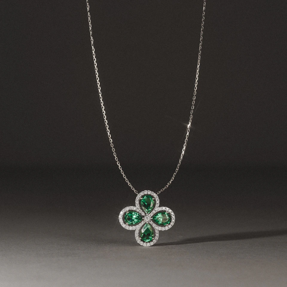 Bloom 3.20ct Lab Emerald and Lab Diamond Necklace in 18K White Gold