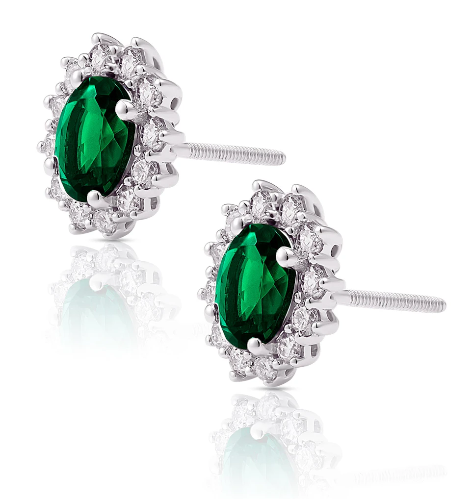 Lab Emerald 7 x 5mm and Lab Diamond Cluster Earrings in 18K White Gold