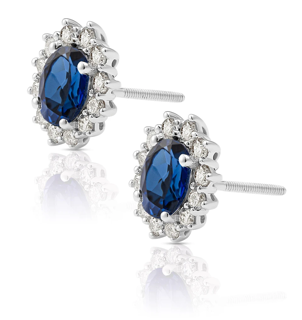 Lab Sapphire 7 x 5mm and Lab Diamond Cluster Earrings in 18K White Gold