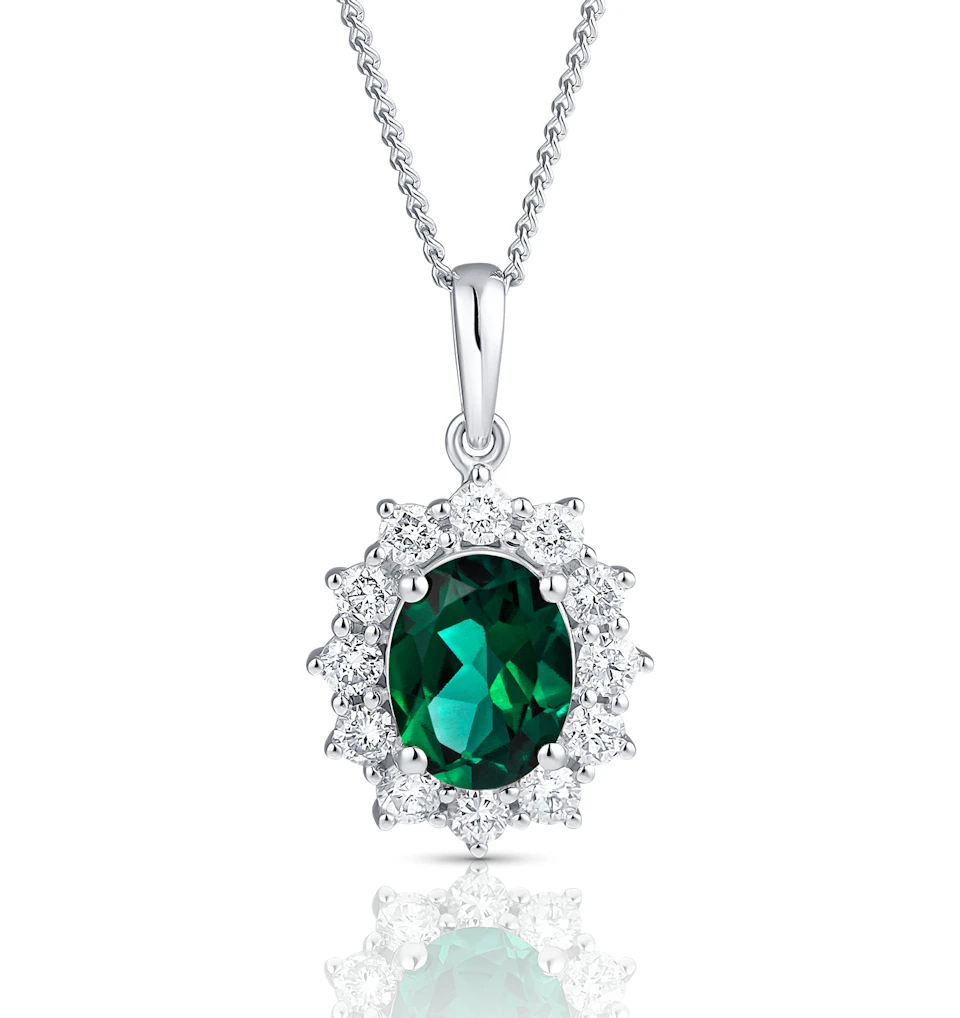 Lab Emerald 9x7mm and Lab Diamond Cluster Necklace Pendant 18K White Gold