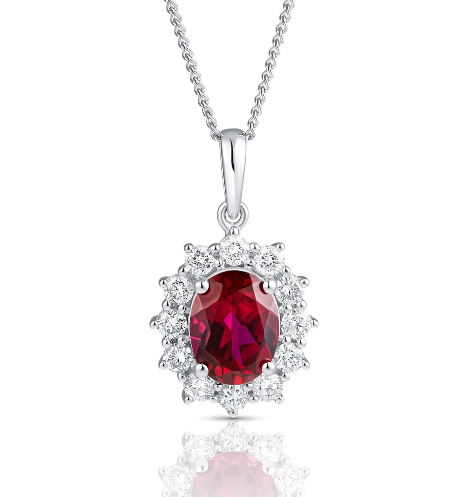 Lab Ruby 9x7mm and Lab Diamond Cluster Necklace Pendant in 18K White Gold
