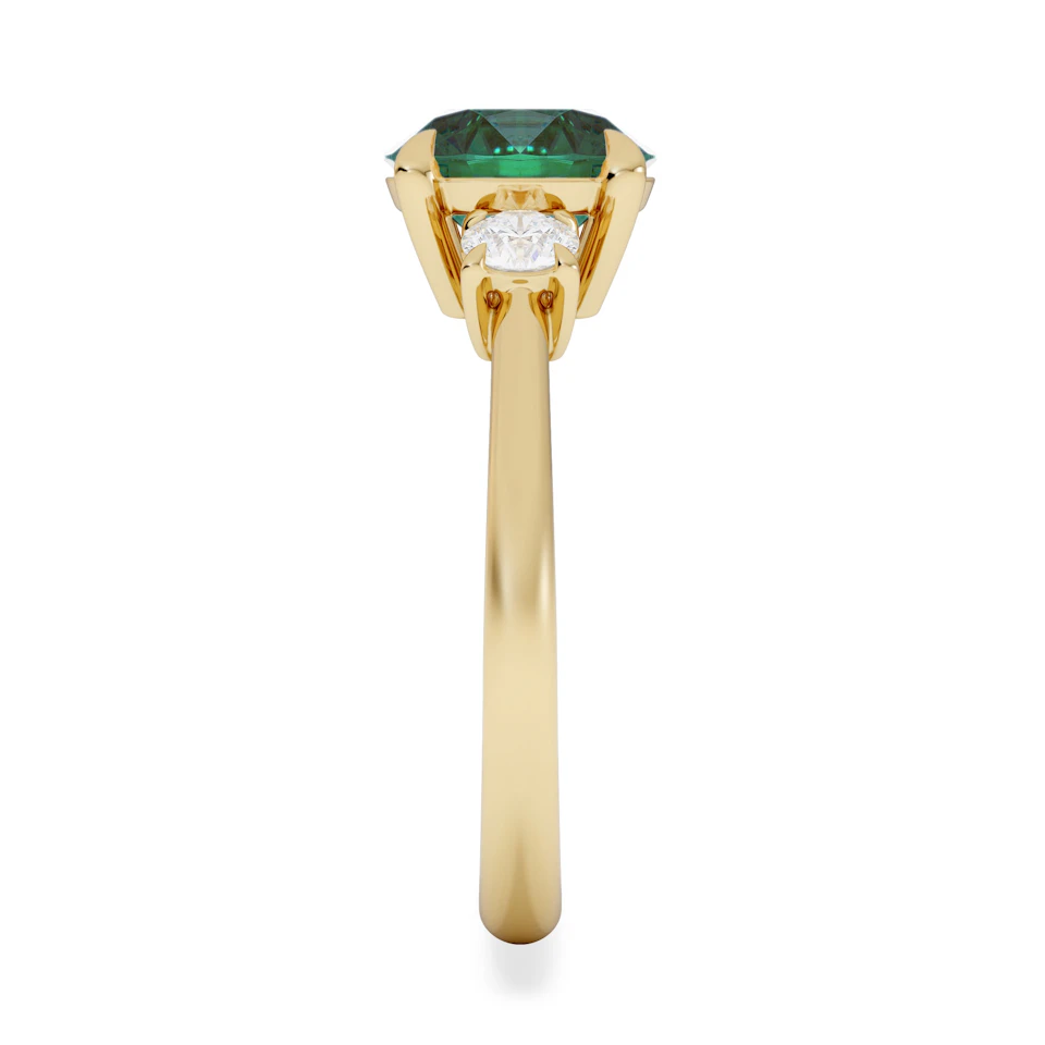 Solene 2.00ct Round Cut Lab Emerald and Lab Diamond 3 Stone Engagement Ring in 18K Yellow Gold
