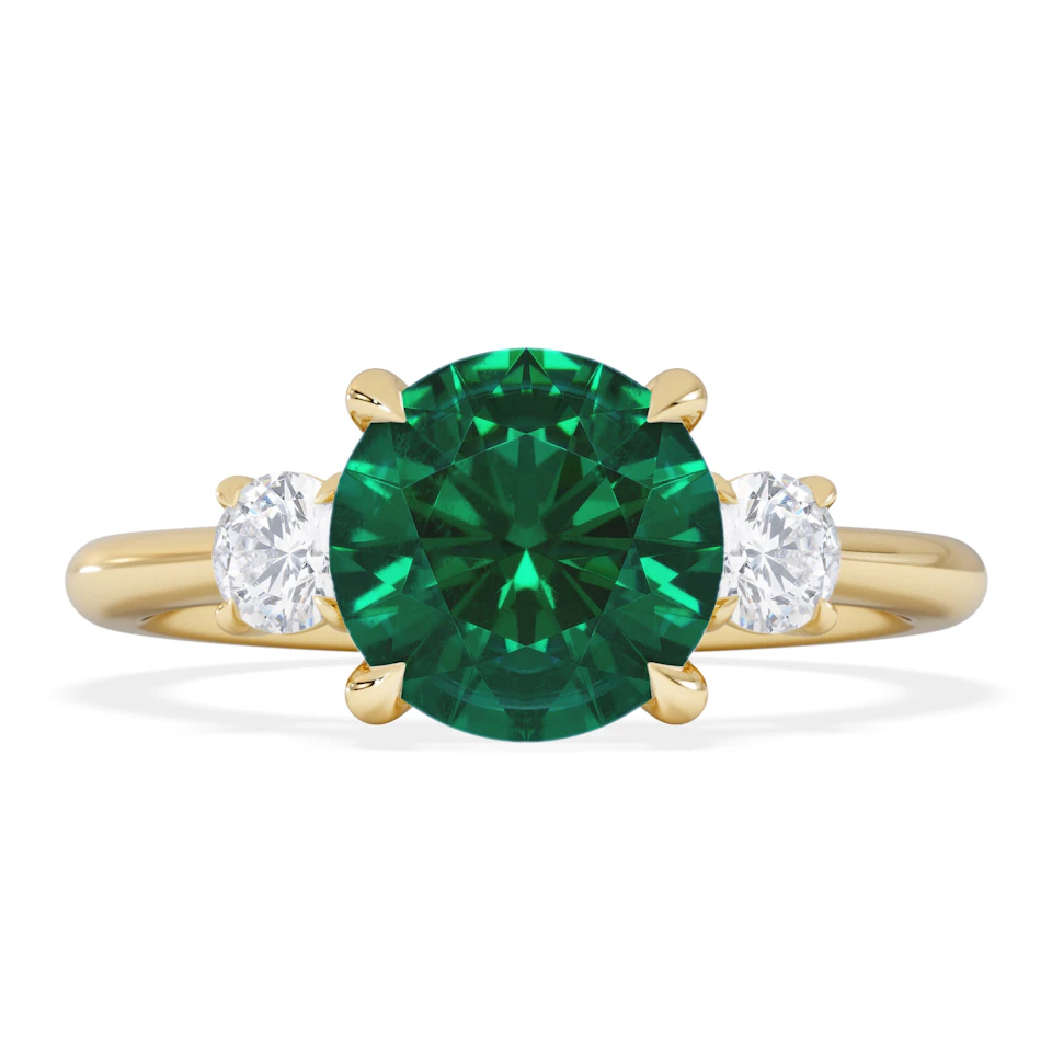 Solene 2.00ct Round Cut Lab Emerald and Lab Diamond 3 Stone Engagement Ring in 18K Yellow Gold