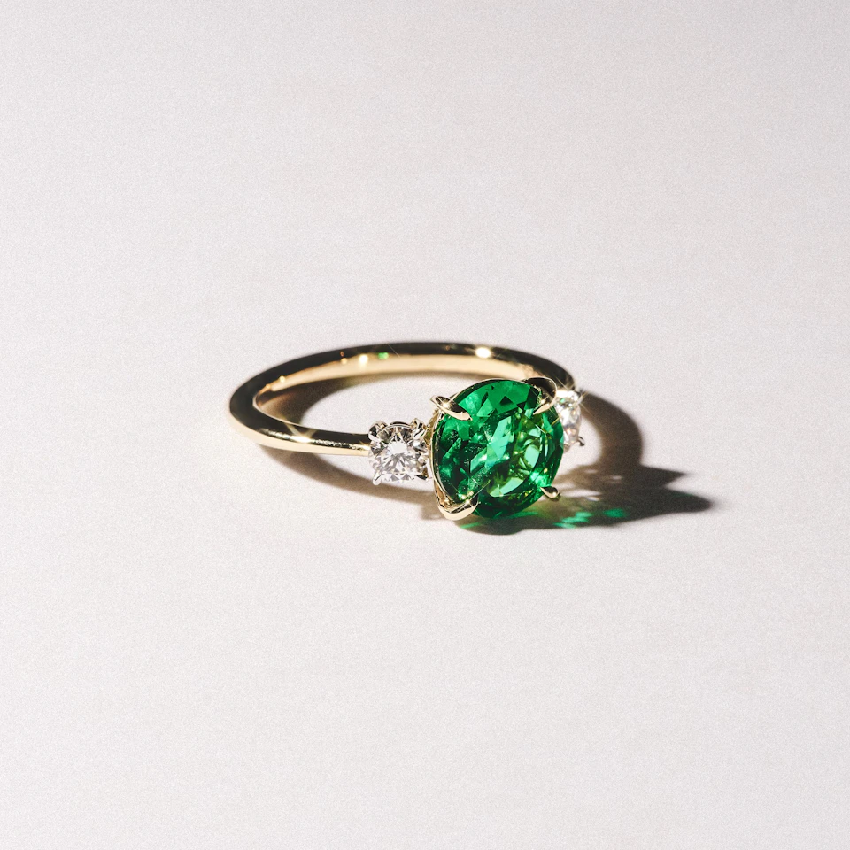 Solene 2.00ct Round Cut Lab Emerald and Lab Diamond 3 Stone Engagement Ring in 18K Yellow Gold