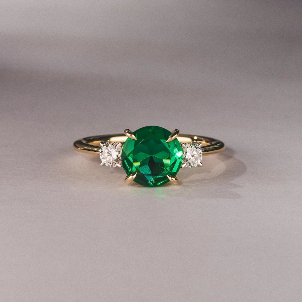 Solene 2.00ct Round Cut Lab Emerald and Lab Diamond 3 Stone Engagement Ring in 18K Yellow Gold