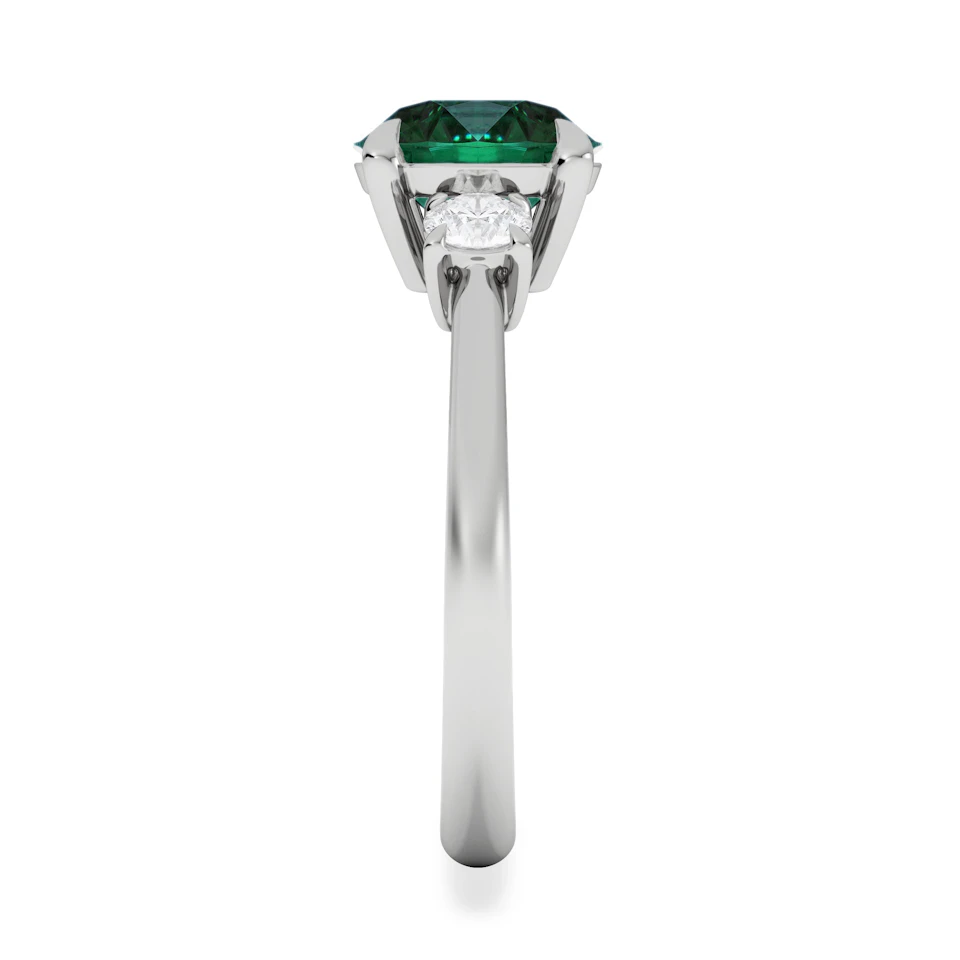 Solene 2.00ct Round Cut Lab Emerald and Lab Diamond 3 Stone Engagement Ring in 18K White Gold