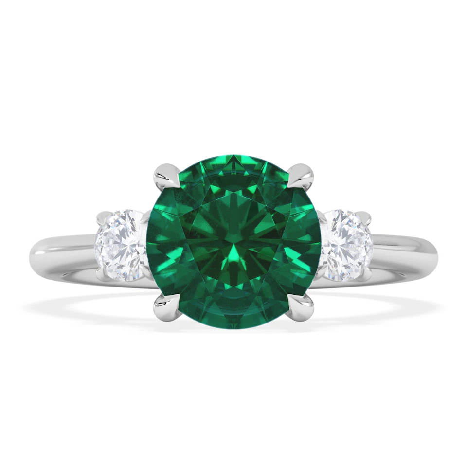 Solene 2.00ct Round Cut Lab Emerald and Lab Diamond 3 Stone Engagement Ring in 18K White Gold