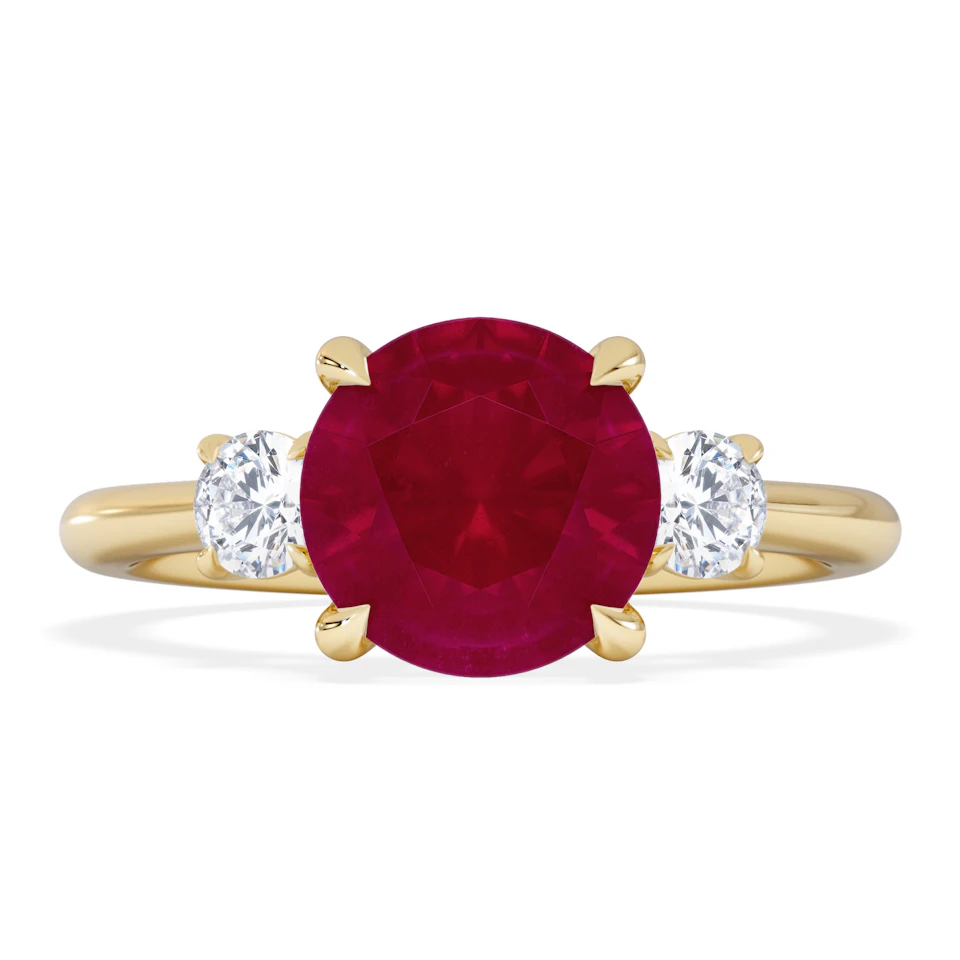 Solene 2.00ct Round Cut Lab Ruby and Lab Diamond 3 Stone Engagement Ring in 18K Yellow Gold
