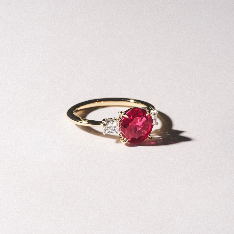 Solene 2.00ct Round Cut Lab Ruby and Lab Diamond 3 Stone Engagement Ring in 18K Yellow Gold