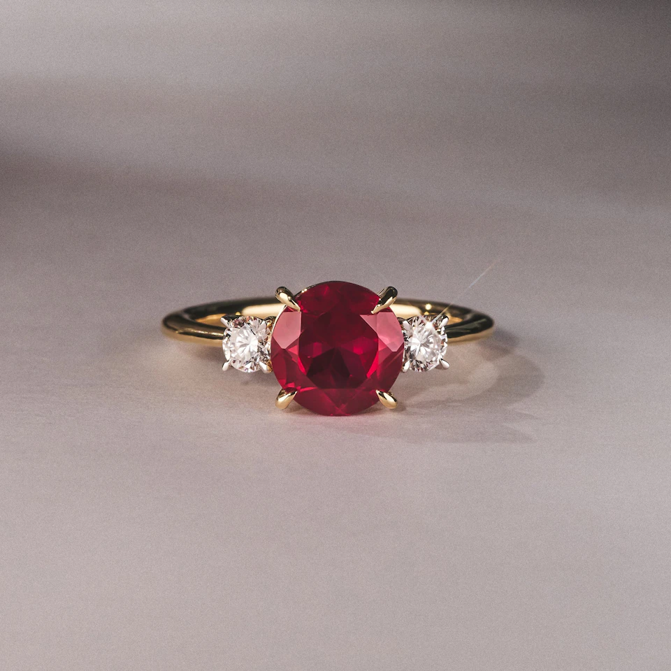Solene 2.00ct Round Cut Lab Ruby and Lab Diamond 3 Stone Engagement Ring in 18K Yellow Gold