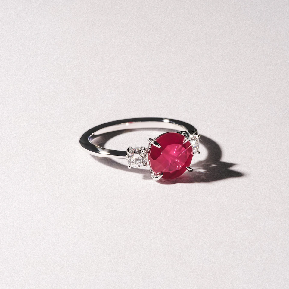 Solene 2.00ct Round Cut Lab Ruby and Lab Diamond 3 Stone Engagement Ring in 18K White Gold