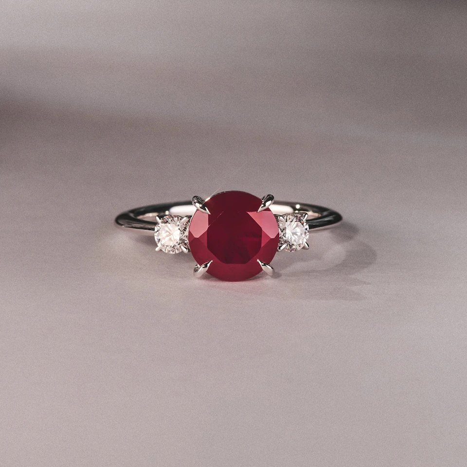 Solene 2.00ct Round Cut Lab Ruby and Lab Diamond 3 Stone Engagement Ring in 18K White Gold
