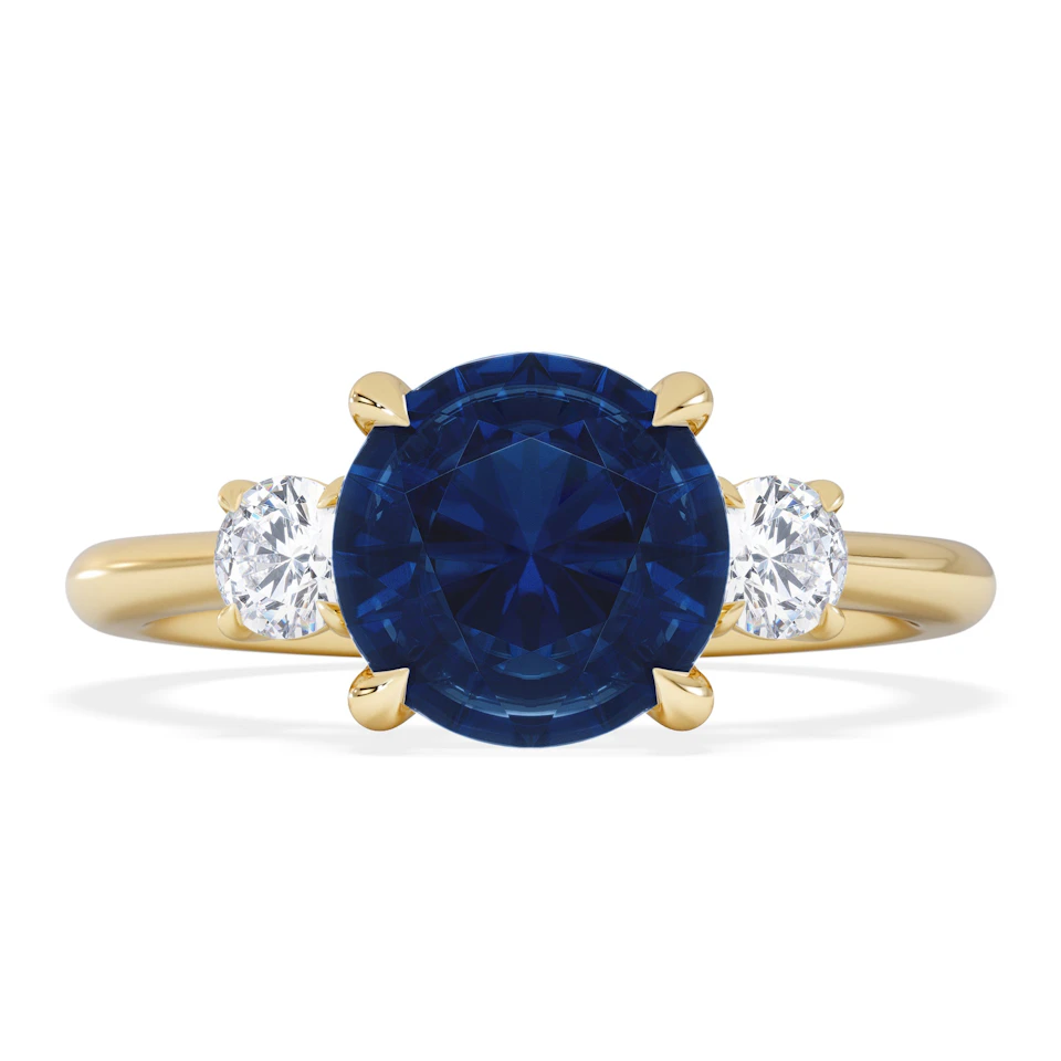 Solene 2.00ct Round Cut Lab Sapphire and Lab Diamond 3 Stone Engagement Ring in 18K Yellow Gold