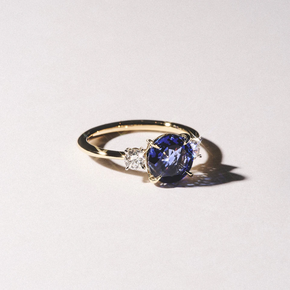 Solene 2.00ct Round Cut Lab Sapphire and Lab Diamond 3 Stone Engagement Ring in 18K Yellow Gold