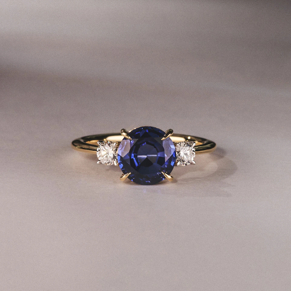 Solene 2.00ct Round Cut Lab Sapphire and Lab Diamond 3 Stone Engagement Ring in 18K Yellow Gold