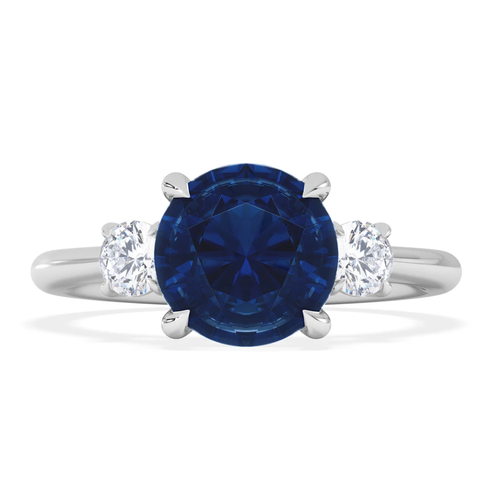 Solene 2.00ct Round Cut Lab Sapphire and Lab Diamond 3 Stone Engagement Ring in 18K White Gold
