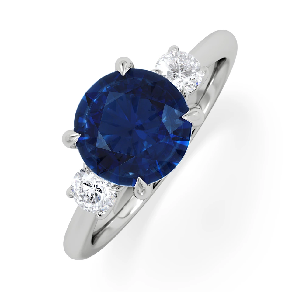 Solene 2.00ct Round Cut Lab Sapphire and Lab Diamond 3 Stone Engagement Ring in 18K White Gold