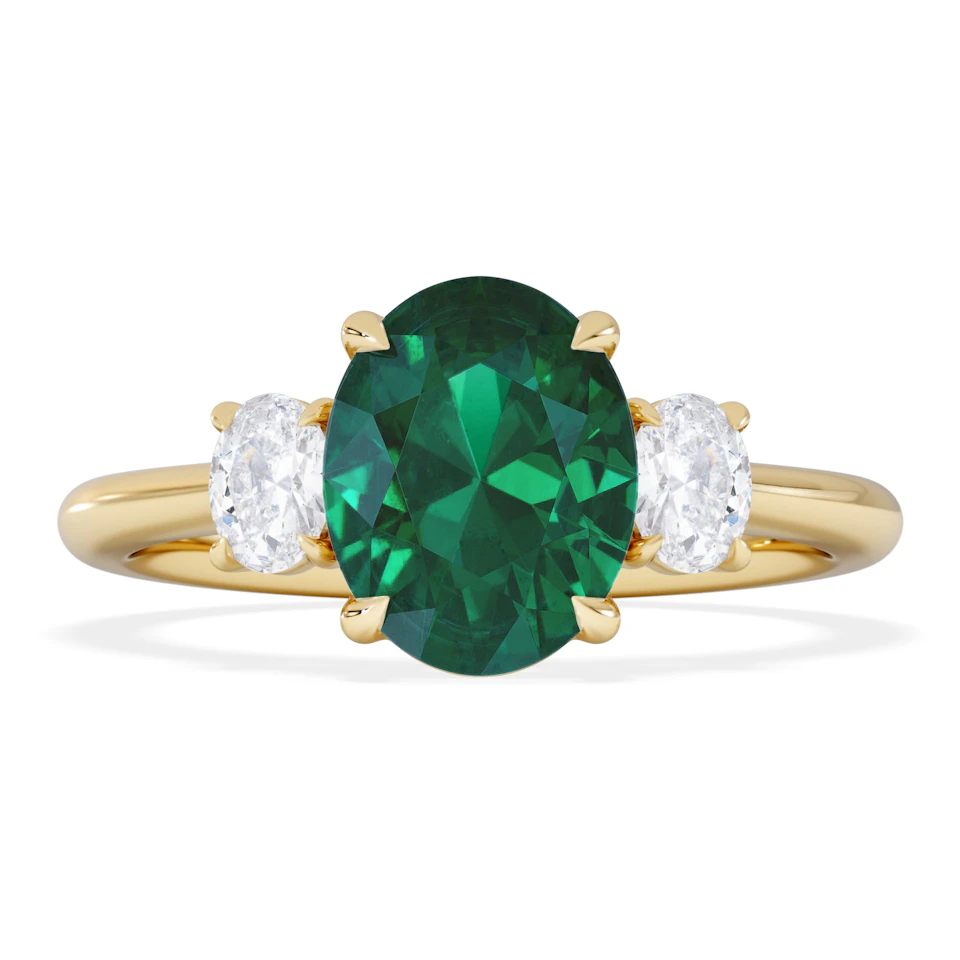Solene 2.00ct Oval Lab Emerald and Lab Diamond 3 Stone Engagement Ring in 18K Yellow Gold