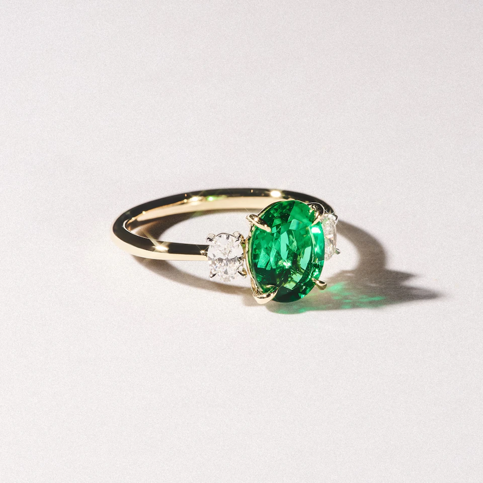 Solene 2.00ct Oval Lab Emerald and Lab Diamond 3 Stone Engagement Ring in 18K Yellow Gold