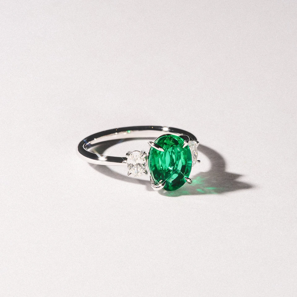 Solene 2.00ct Oval Cut Lab Emerald and Lab Diamond 3 Stone Engagement Ring in 18K White Gold