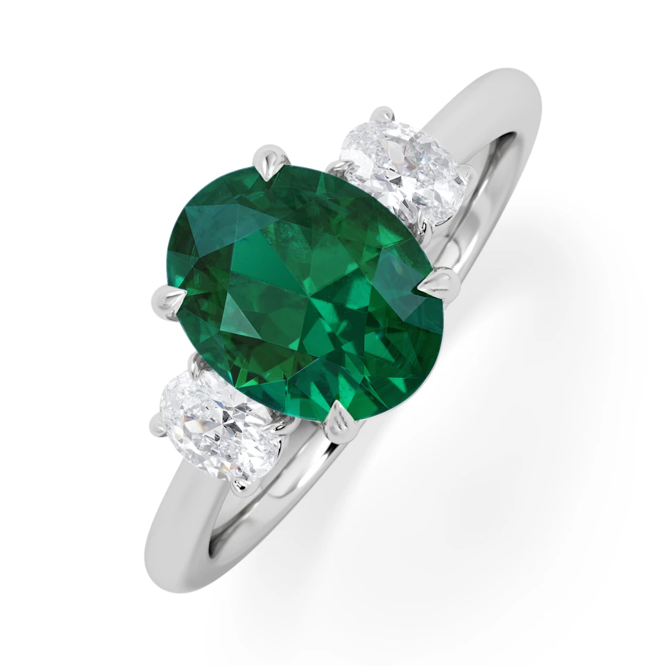 Solene 2.00ct Oval Cut Lab Emerald and Lab Diamond 3 Stone Engagement Ring in 18K White Gold