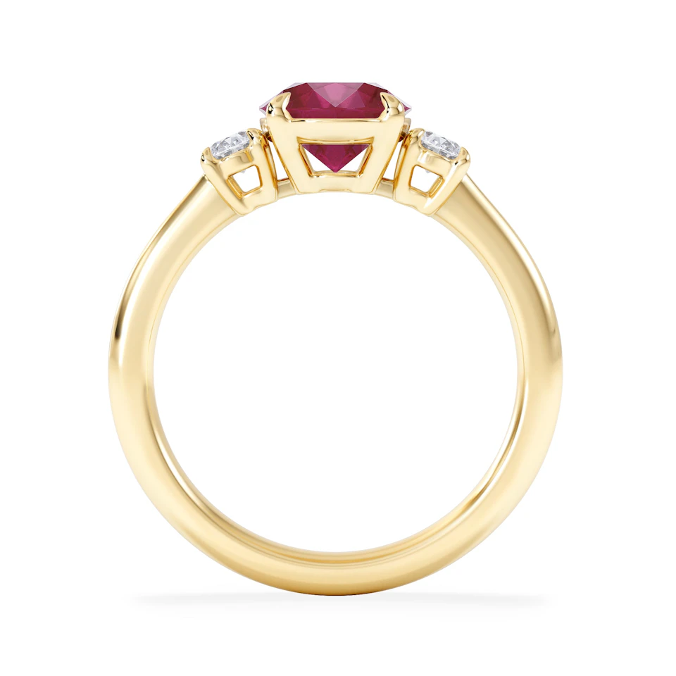 Solene 2.00ct Oval Cut Lab Ruby and Lab Diamond 3 Stone Engagement Ring in 18K Yellow Gold