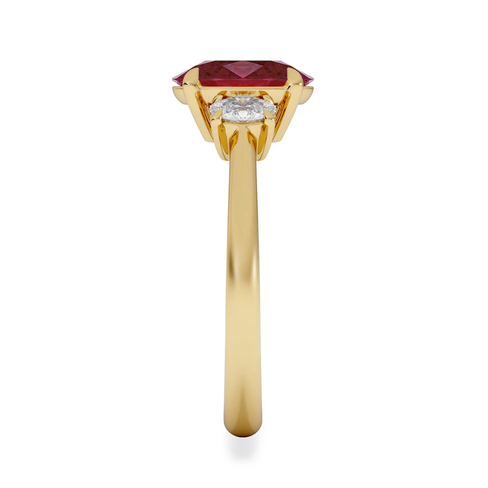 Solene 2.00ct Oval Cut Lab Ruby and Lab Diamond 3 Stone Engagement Ring in 18K Yellow Gold
