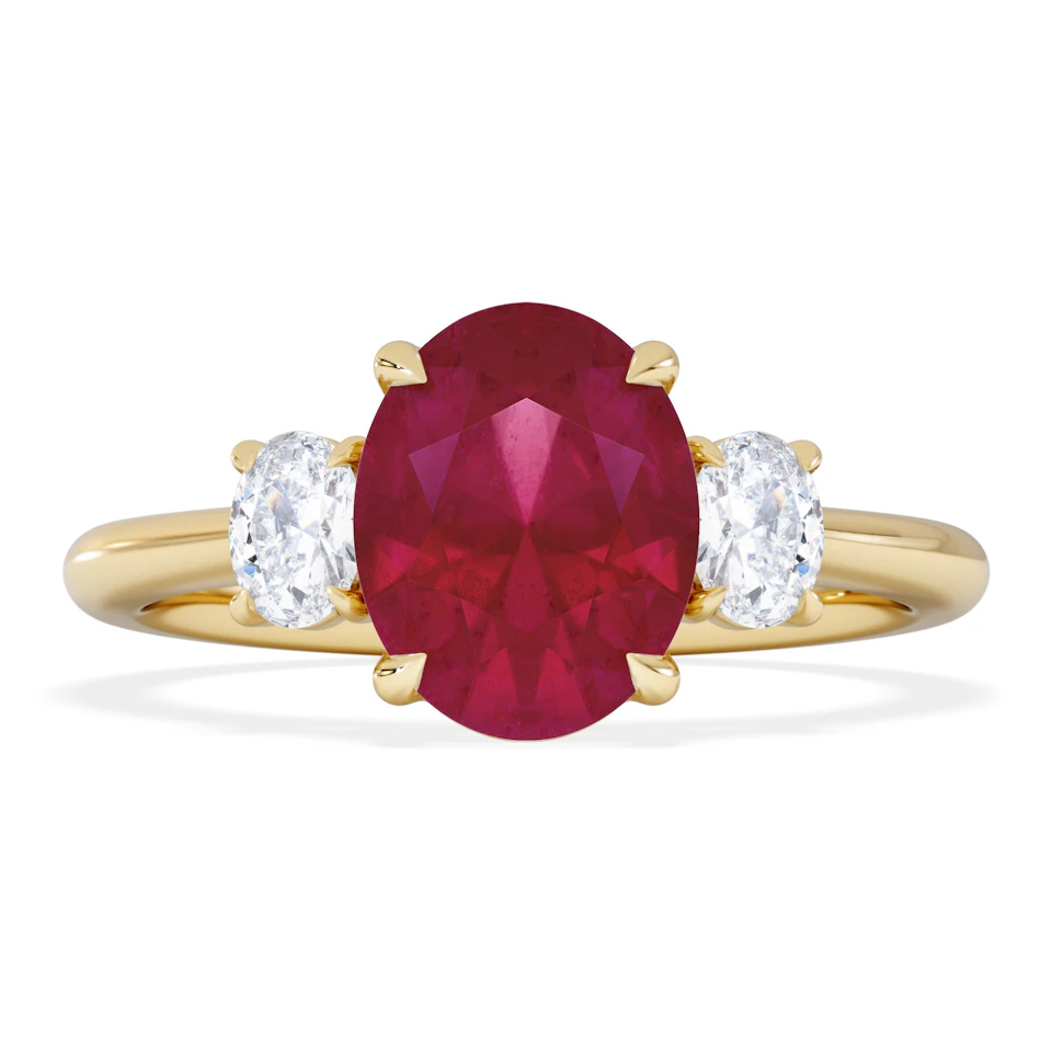 Solene 2.00ct Oval Cut Lab Ruby and Lab Diamond 3 Stone Engagement Ring in 18K Yellow Gold