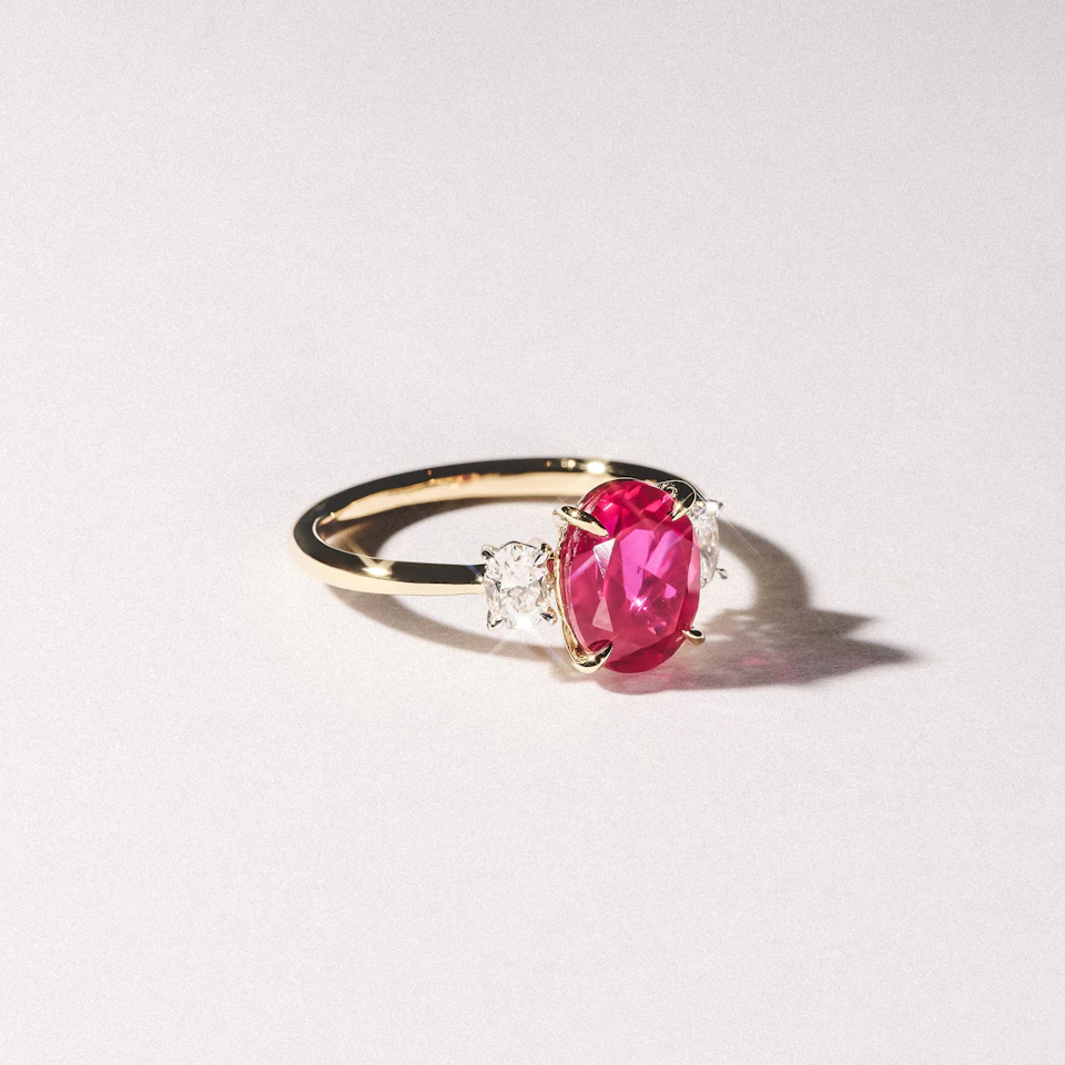 Solene 2.00ct Oval Cut Lab Ruby and Lab Diamond 3 Stone Engagement Ring in 18K Yellow Gold