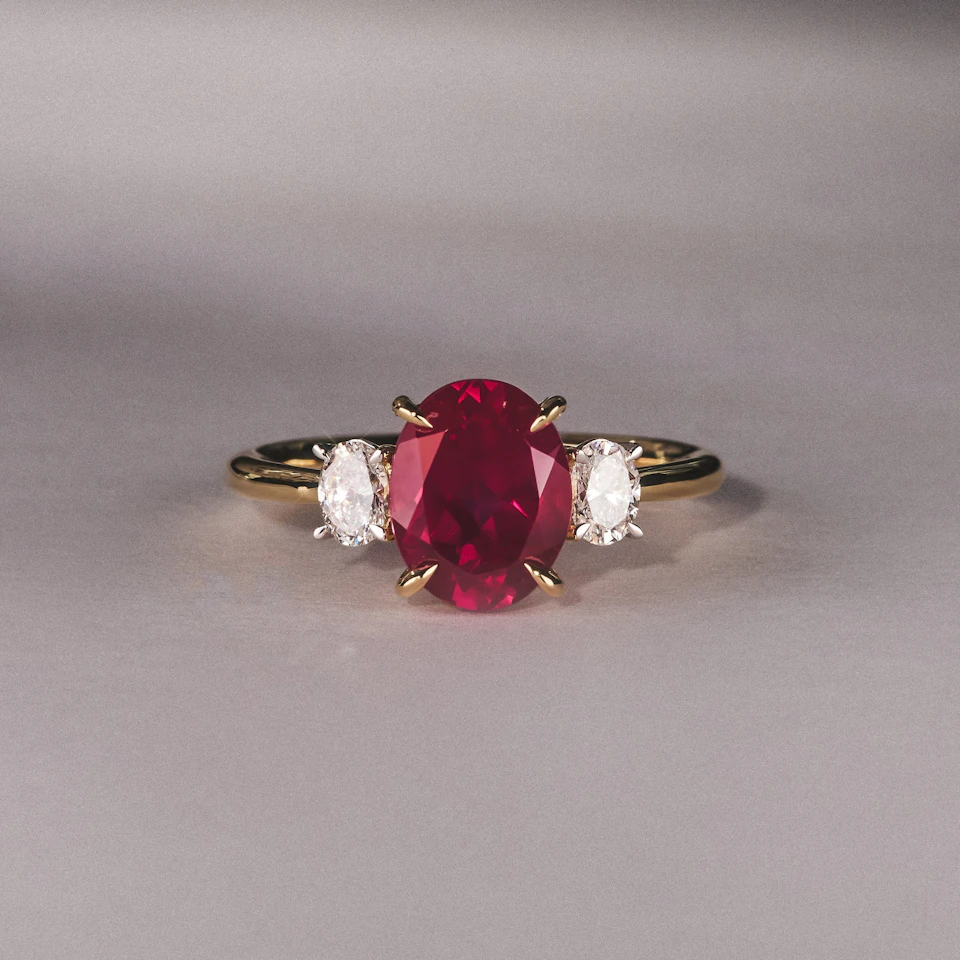 Solene 2.00ct Oval Cut Lab Ruby and Lab Diamond 3 Stone Engagement Ring in 18K Yellow Gold