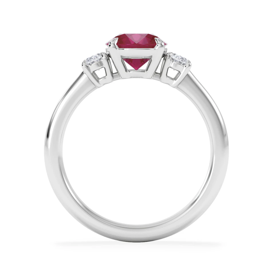 Solene 2.00ct Oval Cut Lab Ruby and Lab Diamond 3 Stone Engagement Ring in 18K White Gold