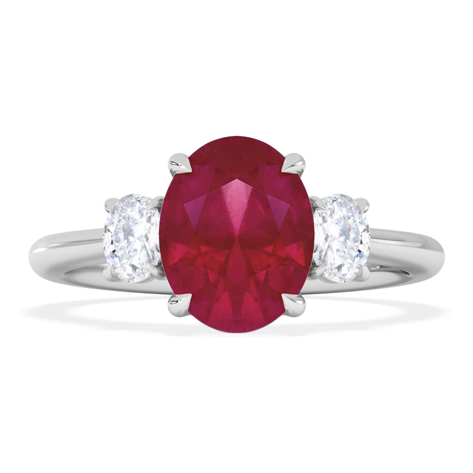 Solene 2.00ct Oval Cut Lab Ruby and Lab Diamond 3 Stone Engagement Ring in 18K White Gold