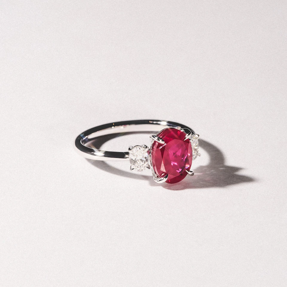 Solene 2.00ct Oval Cut Lab Ruby and Lab Diamond 3 Stone Engagement Ring in 18K White Gold