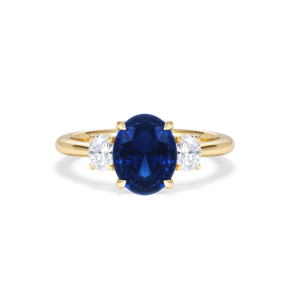 Solene 2.00ct Oval Cut Lab Sapphire and Lab Diamond 3 Stone Engament Ring in 18K Yellow Gold