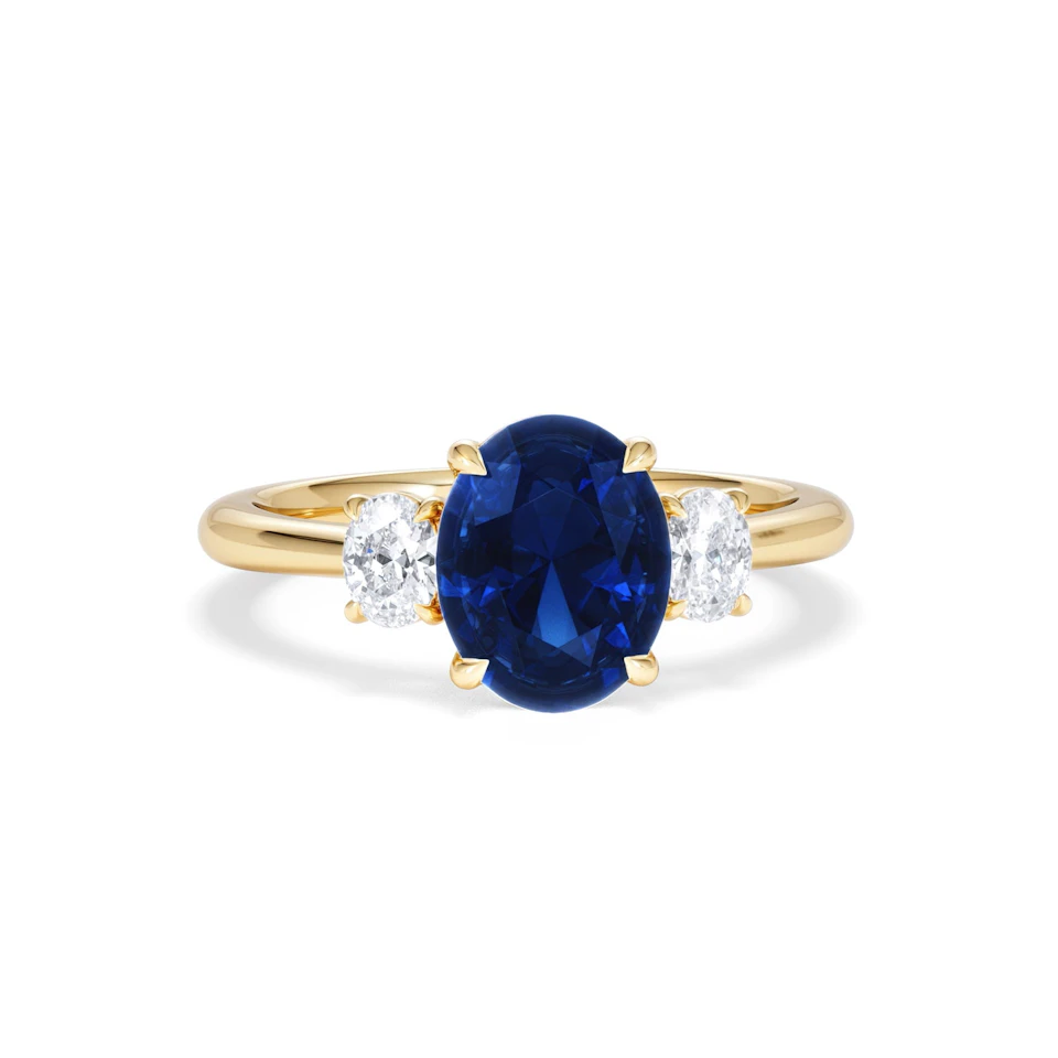 Solene 2.00ct Oval Cut Lab Sapphire and Lab Diamond 3 Stone Engament Ring in 18K Yellow Gold